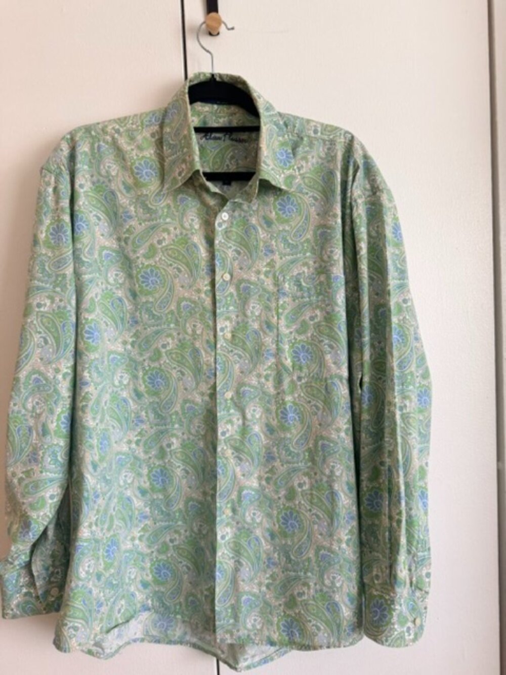 Alan Flusser Men’s XL Green Paisley Button Front Dress Shirt 100% Cotton Long Sl